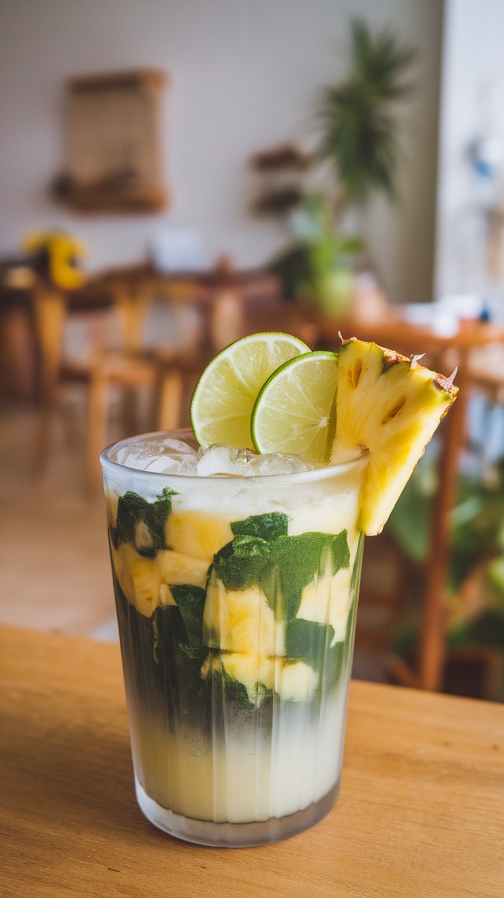 A refreshing glass of Spinach-Pineapple Lime Cooler Juice with lime and pineapple garnishes.