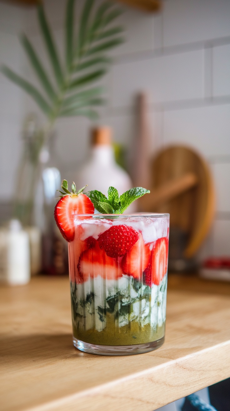 A glass of Spinach-Strawberry Bliss Juice with strawberries and mint on top.