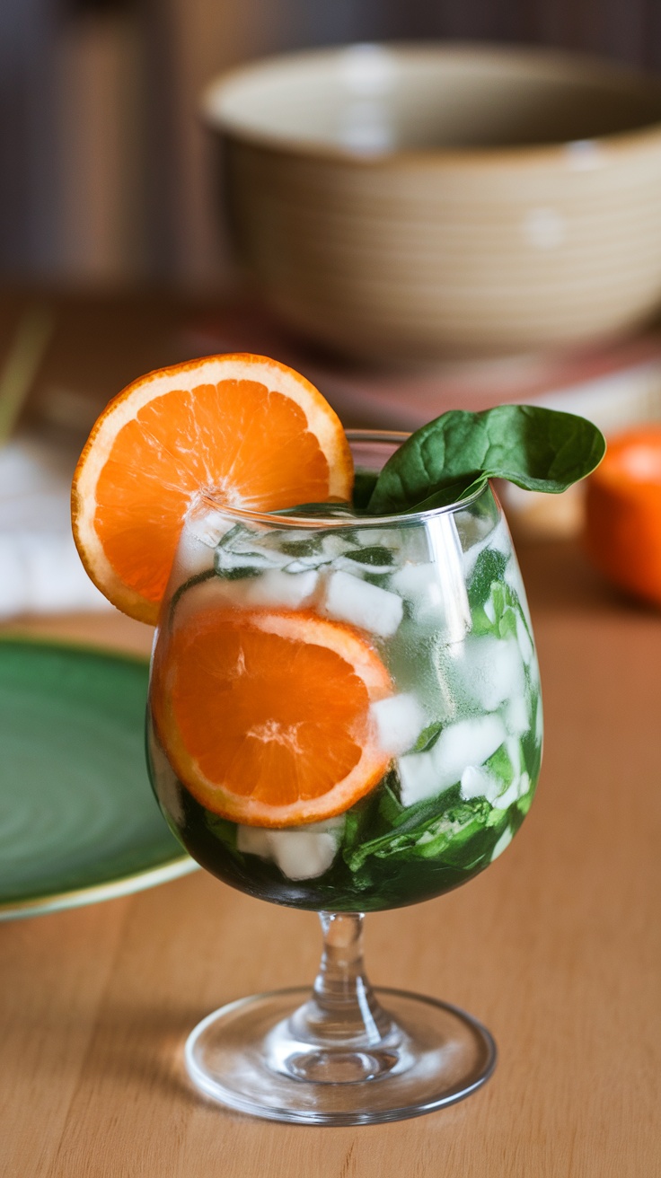 A glass of Spinach-Tangerine Delight Juice with orange slices and spinach leaves.