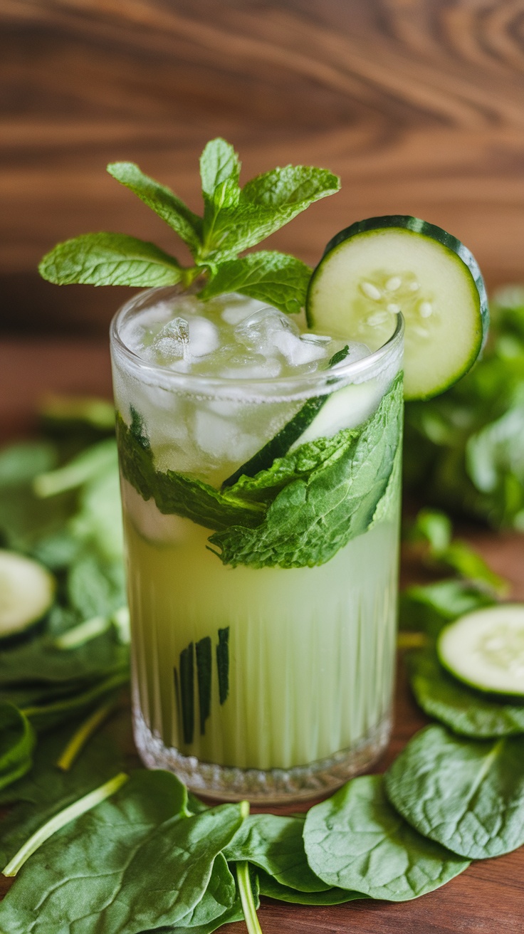 A refreshing Spinach Mint Cooler mocktail garnished with mint and cucumber slices.