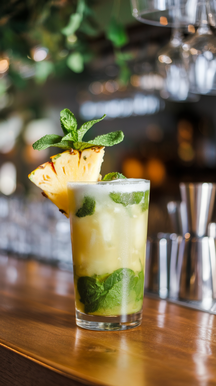 A refreshing spinach pineapple mocktail garnished with a pineapple slice and mint leaves, set on a sandy beach.