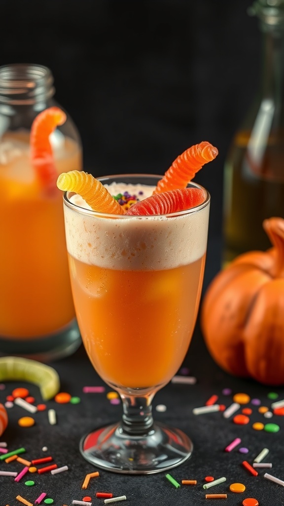 A spooky sherbet mocktail with gummy worms and colorful sprinkles.