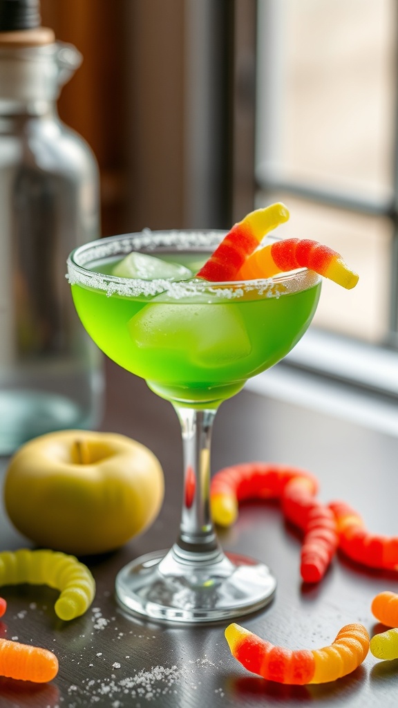A vibrant green mocktail garnished with gummy worms and an apple, perfect for Halloween.