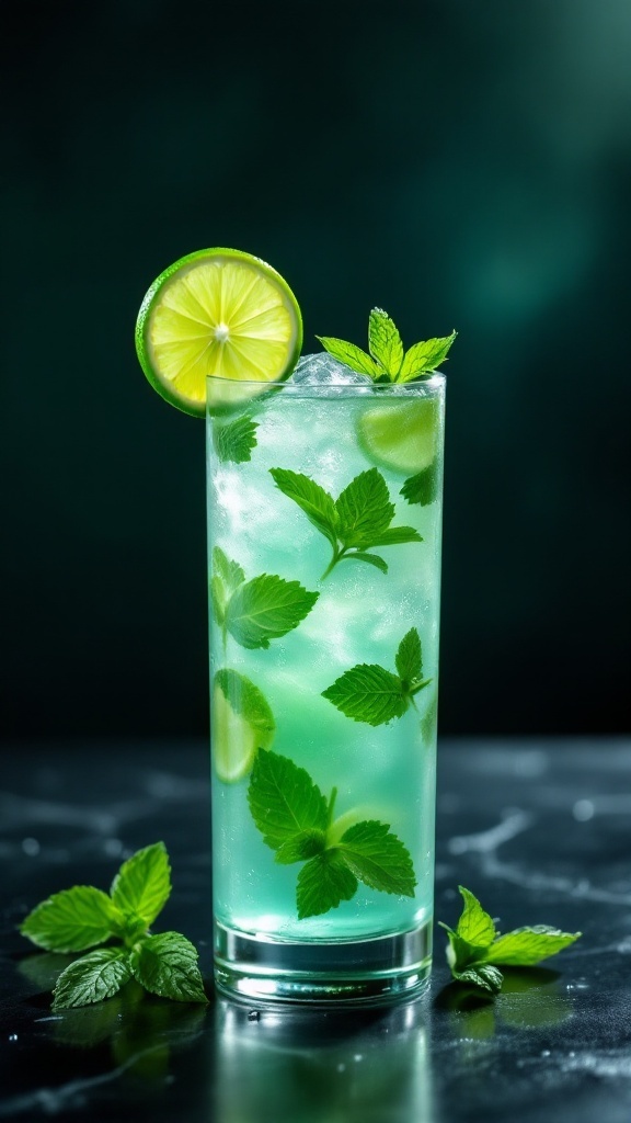 A refreshing mint and lime mocktail served in a tall glass, garnished with mint leaves and lime slices.