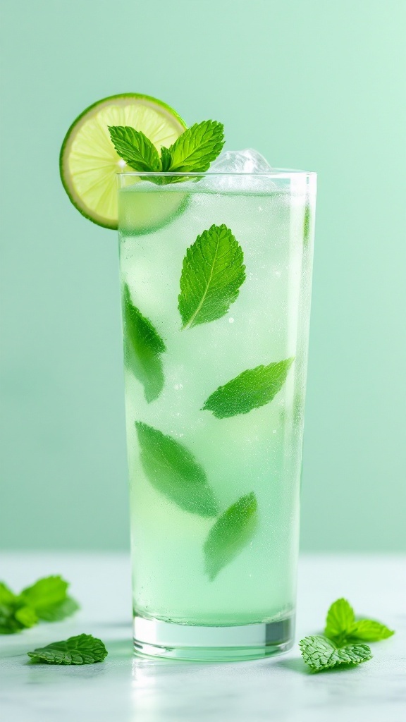 A refreshing Spring Breeze Mocktail with mint and lime in a tall glass.