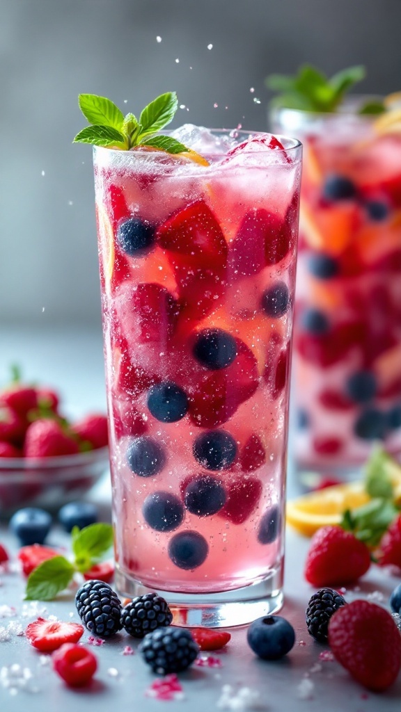 A colorful mocktail filled with berries and citrus in a tall glass.