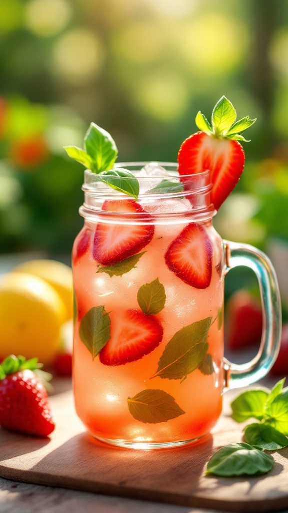 A refreshing strawberry basil lemonade mocktail in a mason jar with fresh strawberries and basil leaves