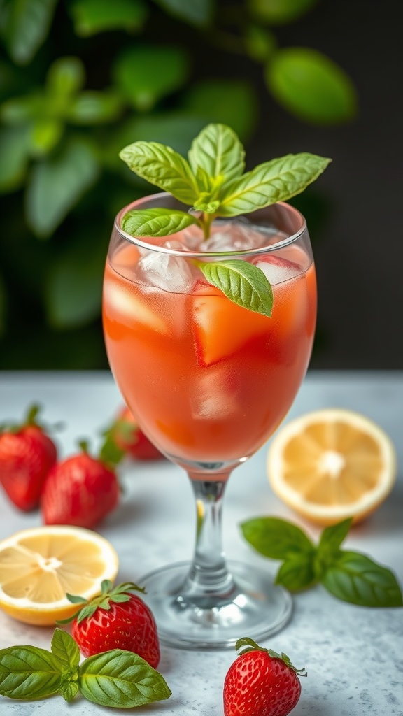 A refreshing Strawberry Basil Lemonade Mocktail in a glass with strawberries and lemon slices around it.