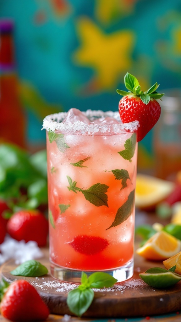 A vibrant Strawberry Basil Margarita Mocktail garnished with a strawberry and basil leaves.