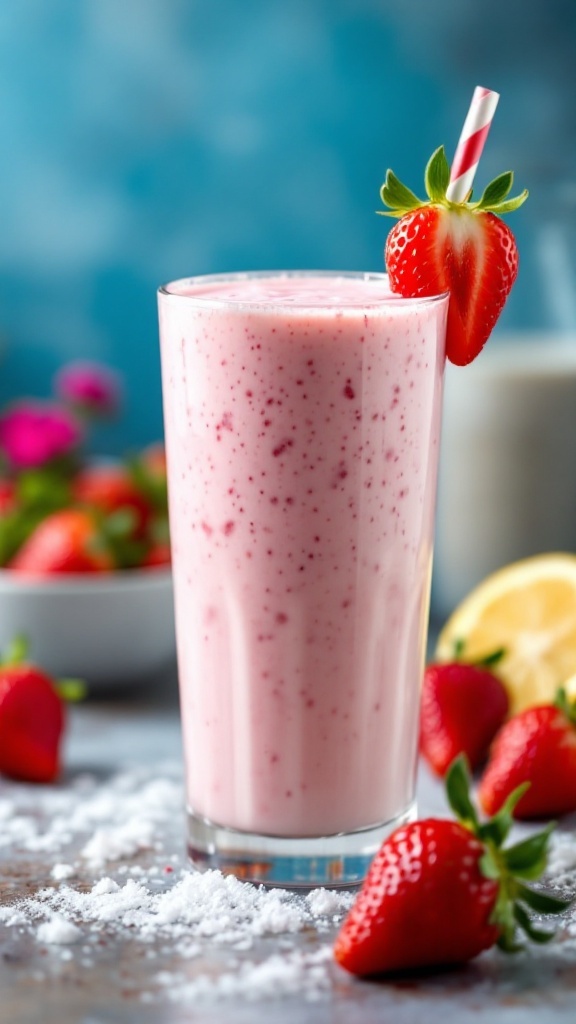 A refreshing pink strawberry coconut mocktail in a tall glass with a strawberry garnish.