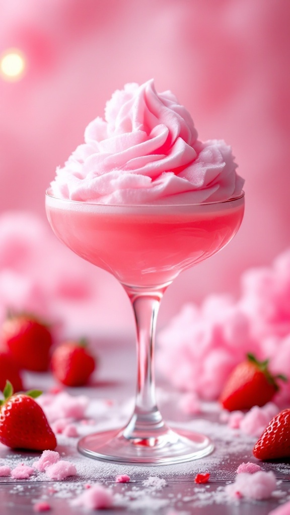 A glass of Strawberry Cotton Candy Mocktail topped with pink whipped cream and surrounded by strawberries and cotton candy.