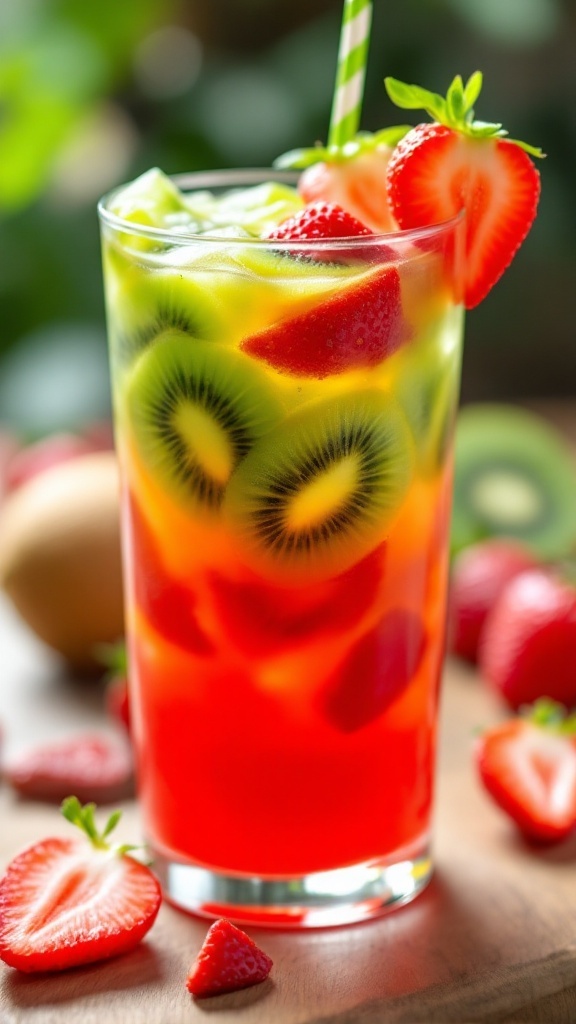 A vibrant Strawberry Kiwi Fizz mocktail in a tall glass, garnished with fresh strawberries and kiwi slices.