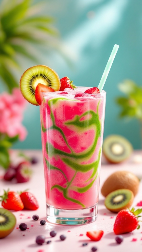 A vibrant glass of Strawberry Kiwi Juice garnished with strawberries and kiwi slices.