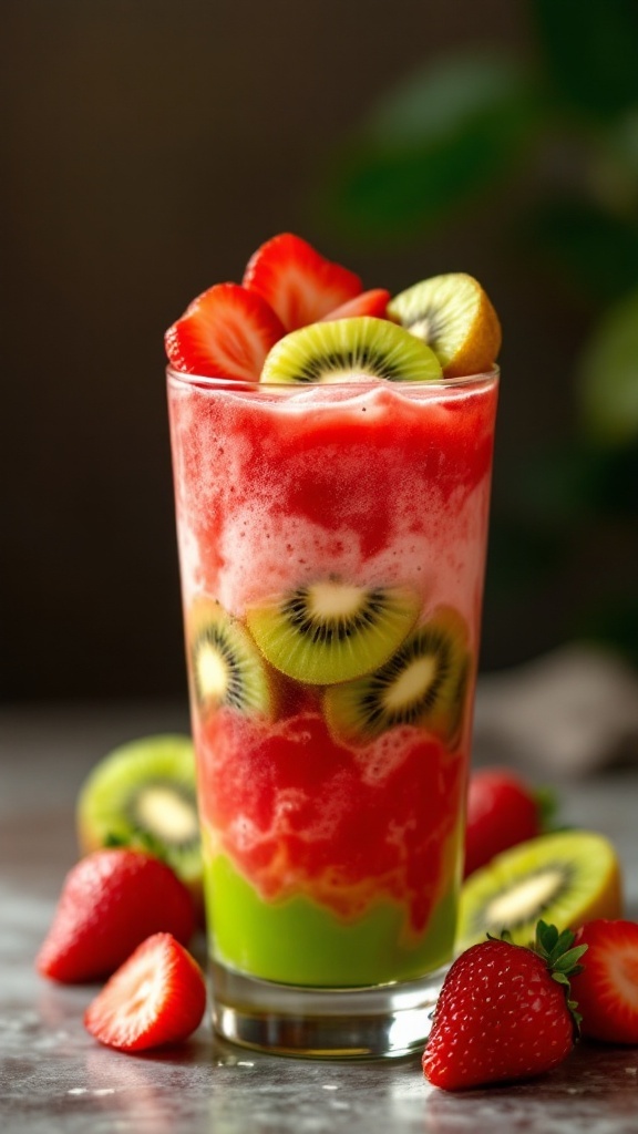 A vibrant Strawberry Kiwi Spark mocktail garnished with fresh strawberries and kiwis.