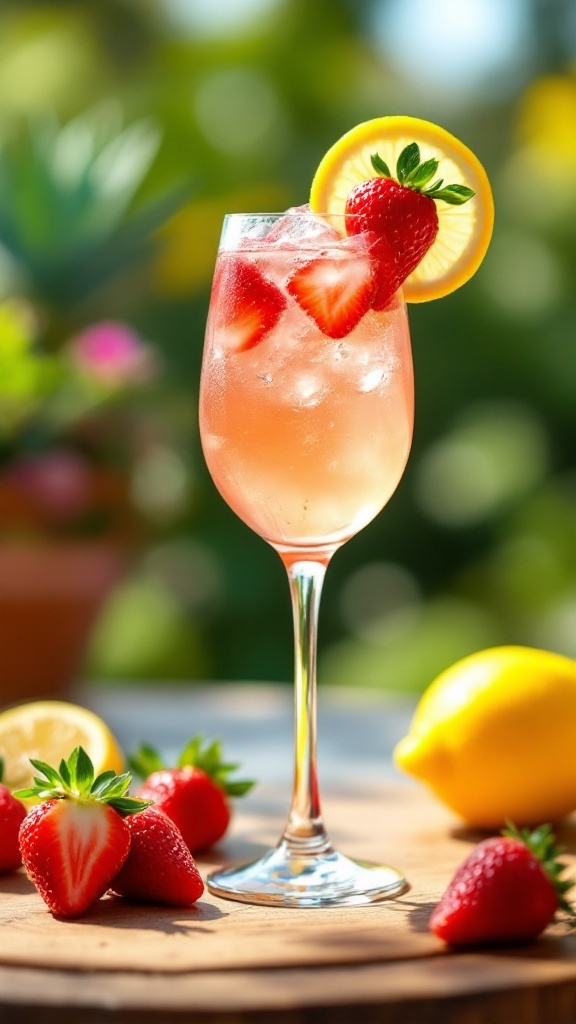 A refreshing Strawberry Lemon Spritz Mocktail garnished with strawberries and lemon slices.