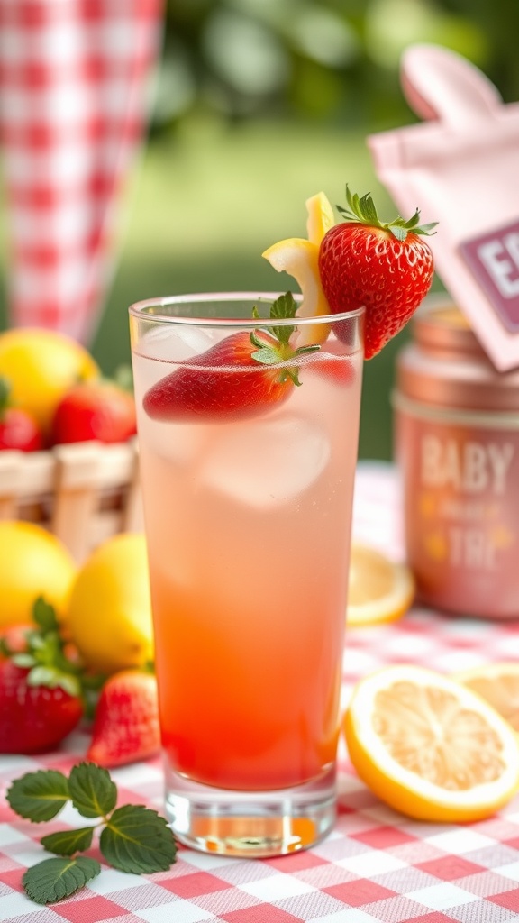 A vibrant strawberry lemonade swirl mocktail garnished with a fresh strawberry and lemon slice