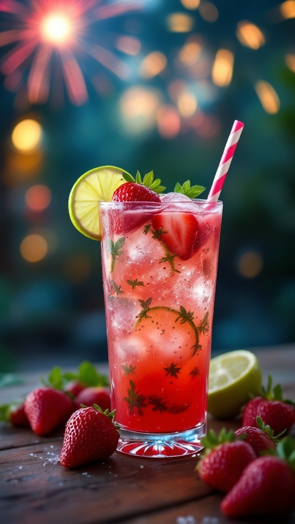 Strawberry Limeade Mocktail with strawberries and lime garnish against a festive background.