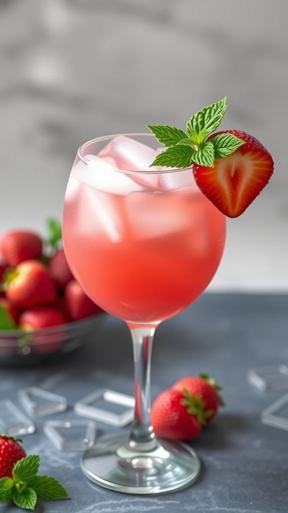 A vibrant Strawberry Lychee Shine Mocktail garnished with a mint leaf and strawberry on ice.