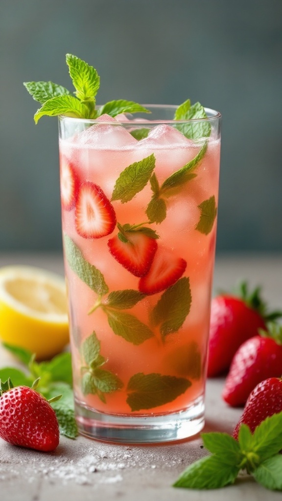 A refreshing strawberry mint julep mocktail in a tall glass with mint leaves and strawberries