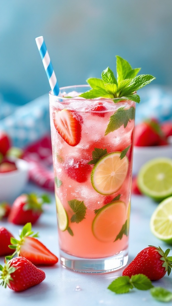 A refreshing Strawberry Mint Mocktail served in a tall glass with mint leaves and strawberries.