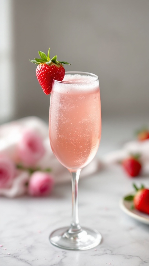 A glass of Strawberry Rose Spritz with a strawberry garnish.