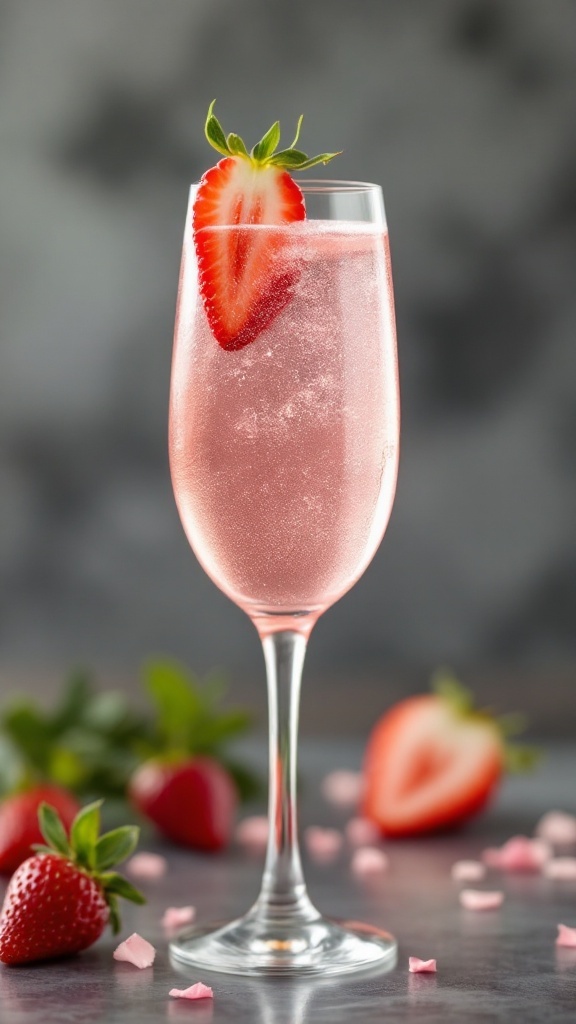 A refreshing Strawberry Rose Spritz mocktail garnished with a strawberry slice.