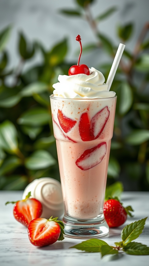 A refreshing Strawberry Sweet 16 Float Mocktail in a glass, topped with whipped cream and a cherry.