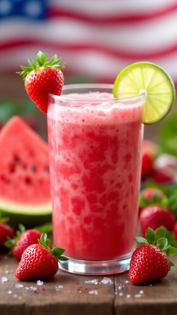 A refreshing Strawberry Watermelon Mocktail in a glass with strawberries and watermelon slices.