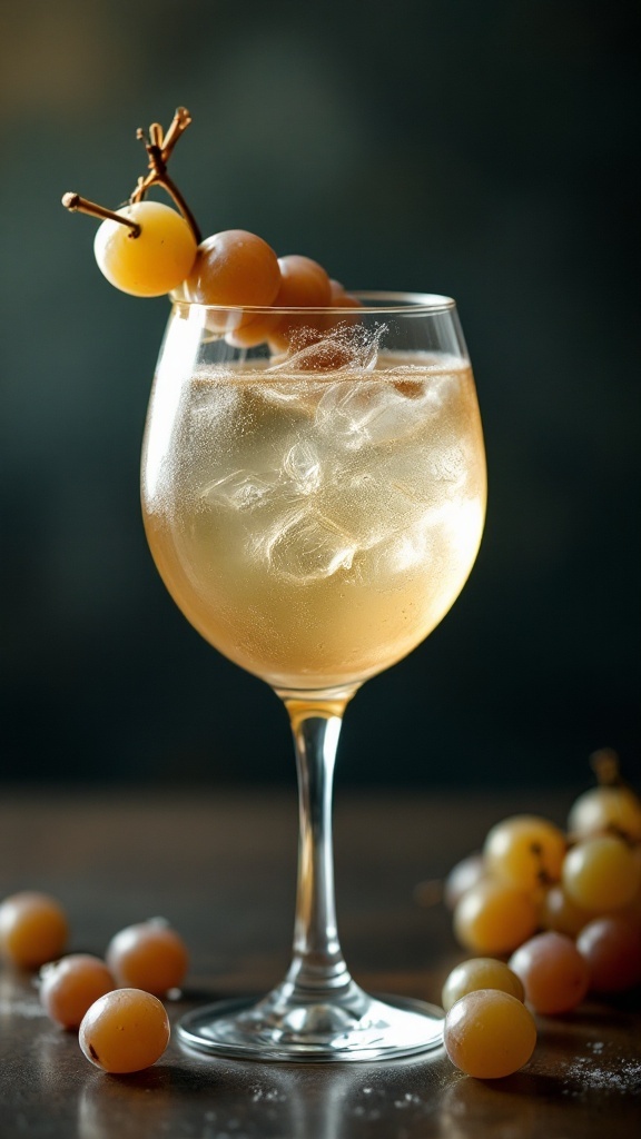 A refreshing Success Spritz mocktail in a glass with grapes on top.