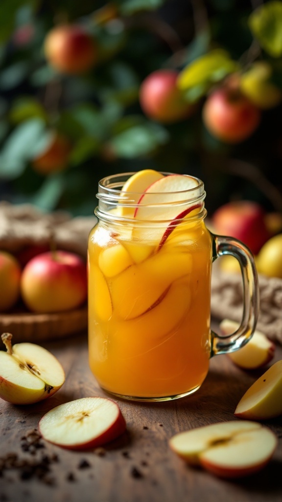 A glass of sweet orchard medley juice with apple slices, surrounded by apples.