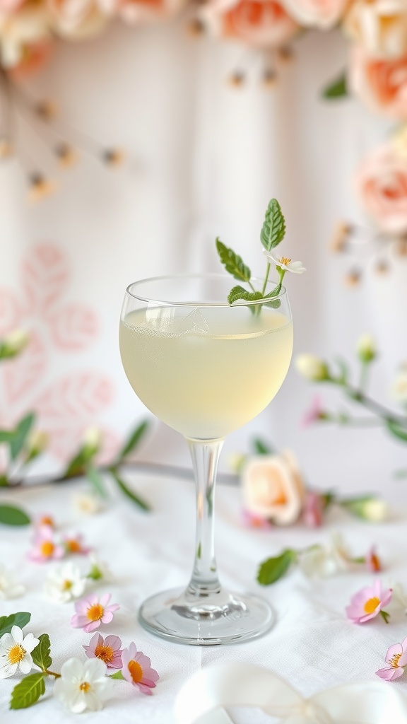 A stylish glass of Sweet Pea Mocktail garnished with mint and flowers, surrounded by floral decorations.