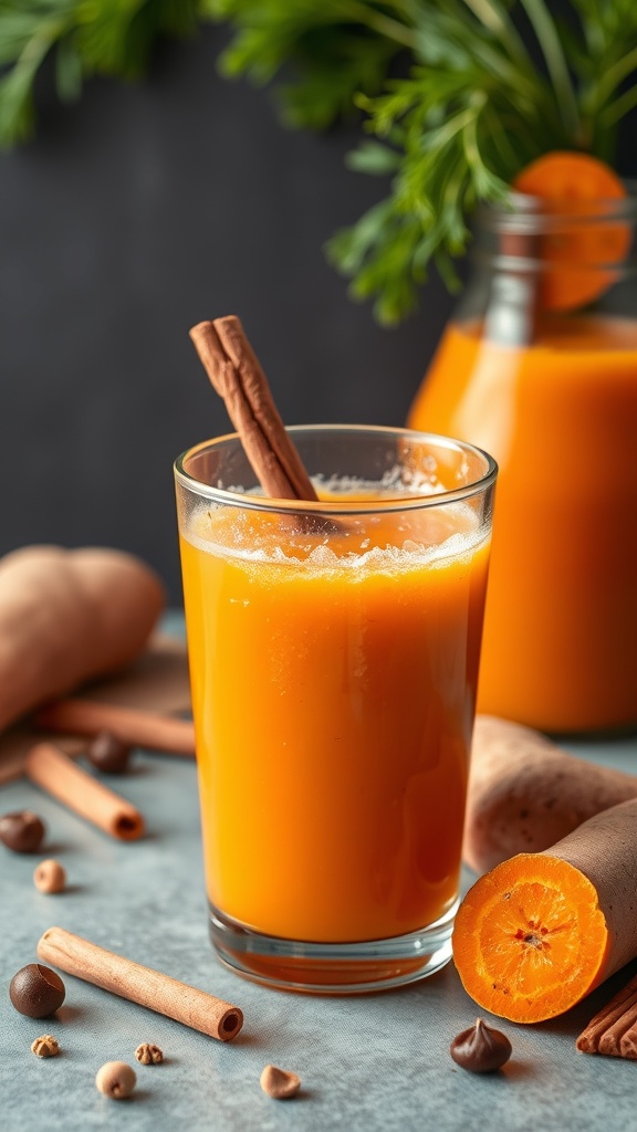 A glass of sweet potato juice with a cinnamon stick and fresh ingredients.
