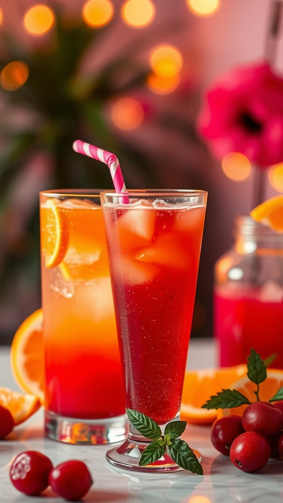 Two colorful mocktails with fruit garnishes on a table.
