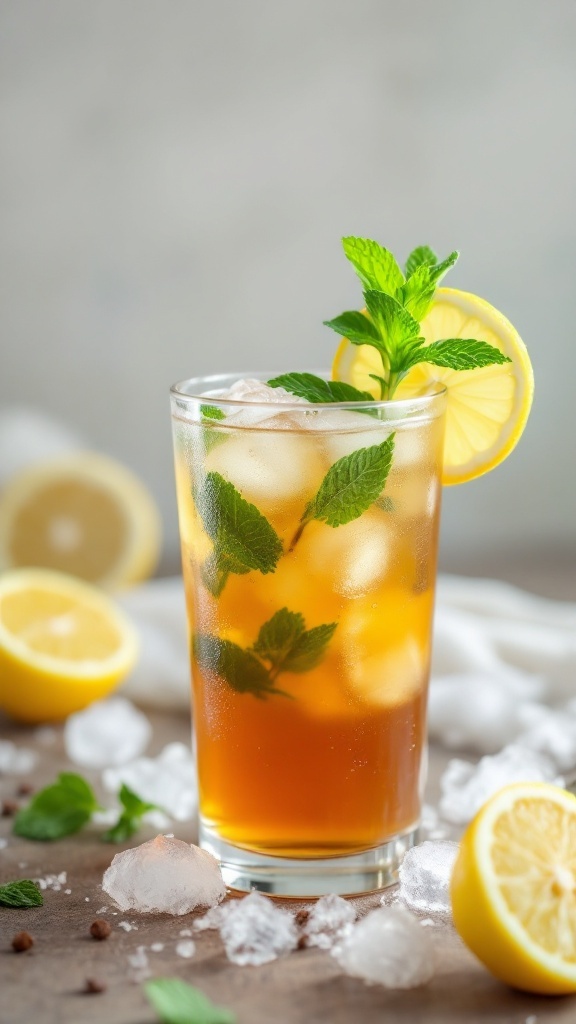 A refreshing sweet tea mint julep mocktail with mint leaves and lemon slices.