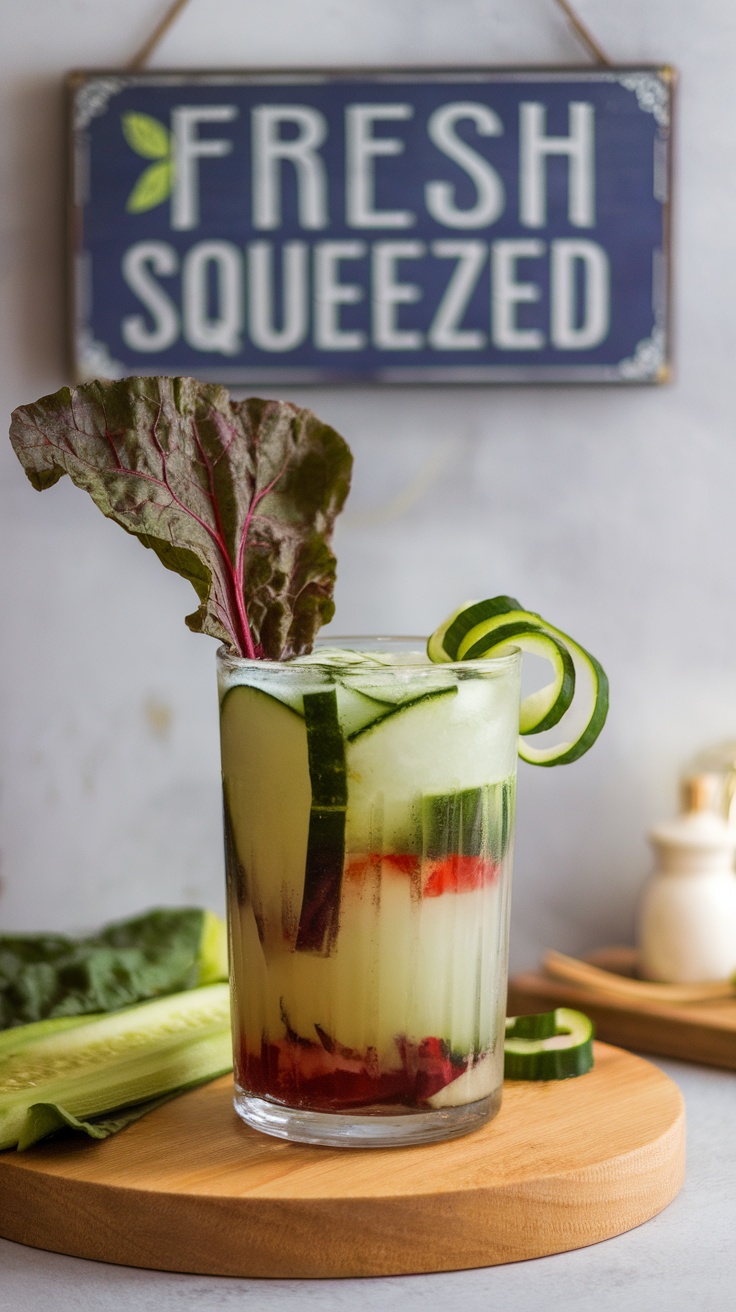 A glass of Swiss chard-cucumber juice garnished with fresh cucumber slices.