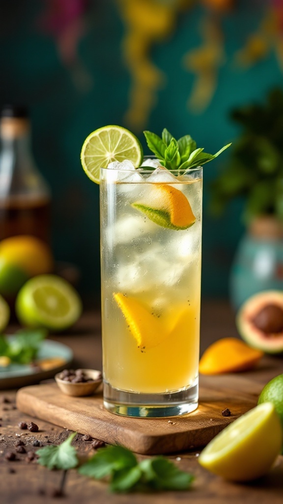A refreshing Tamarind Twist Mocktail served in a tall glass with lime and mint garnish, surrounded by limes and tamarind pods.