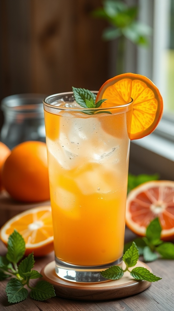 A refreshing Tangerine Honey Fizz Mocktail in a glass with ice, garnished with a slice of tangerine and mint leaves.