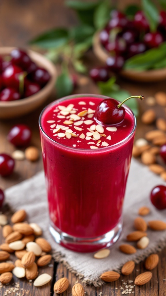 A glass of tart cherry almond juice garnished with a cherry and almonds scattered around
