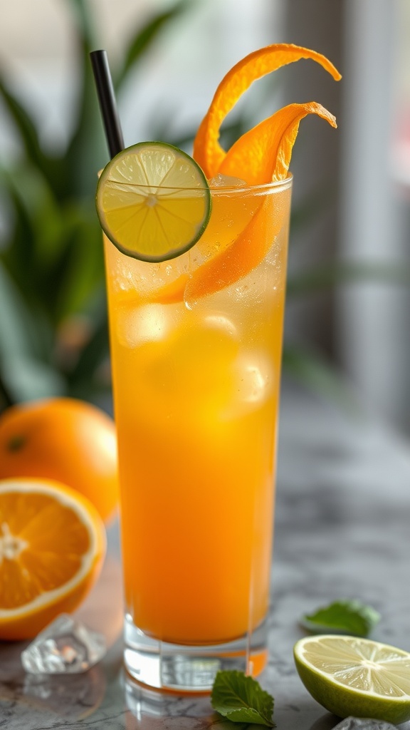 A vibrant orange mocktail garnished with lime and orange peels, surrounded by fresh fruits.