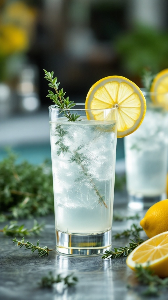 A refreshing Thyme Lemon Mocktail with a slice of lemon and thyme sprig