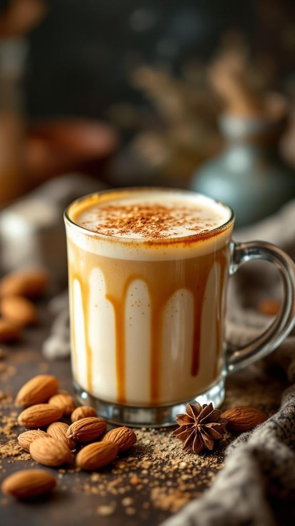 A glass of Toasted Almond Maple Mocktail with almonds and spices