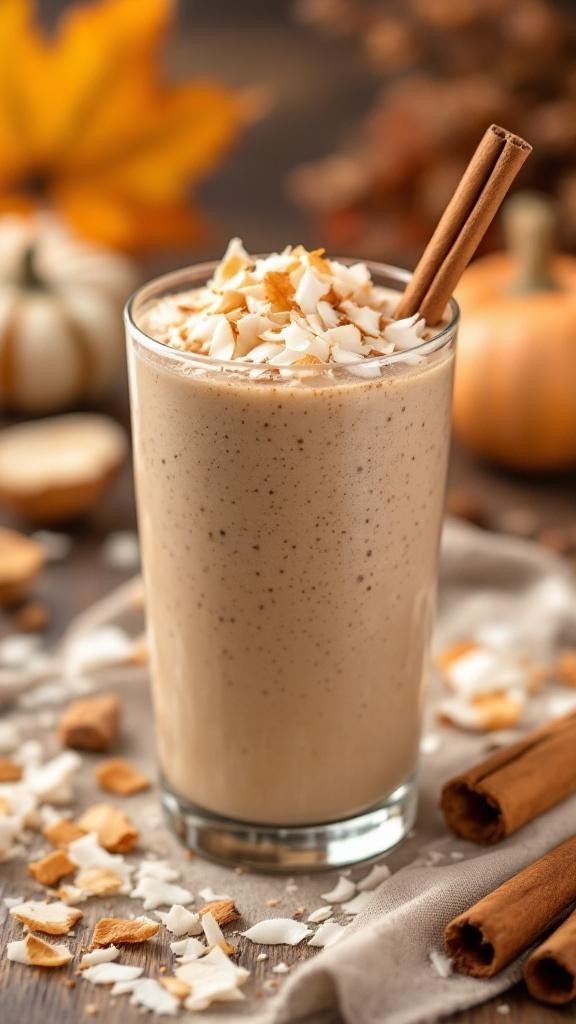 A delicious toasted coconut cinnamon smoothie topped with coconut flakes and a cinnamon stick, surrounded by Autumn decorations.