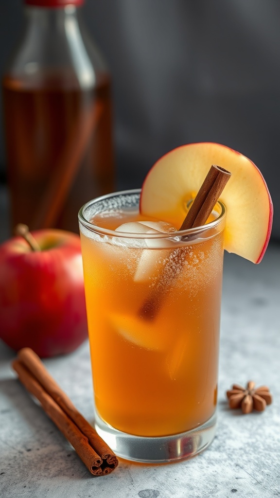 A glass of Toasty Apple Cinnamon Fizz Mocktail with apple slice and cinnamon stick