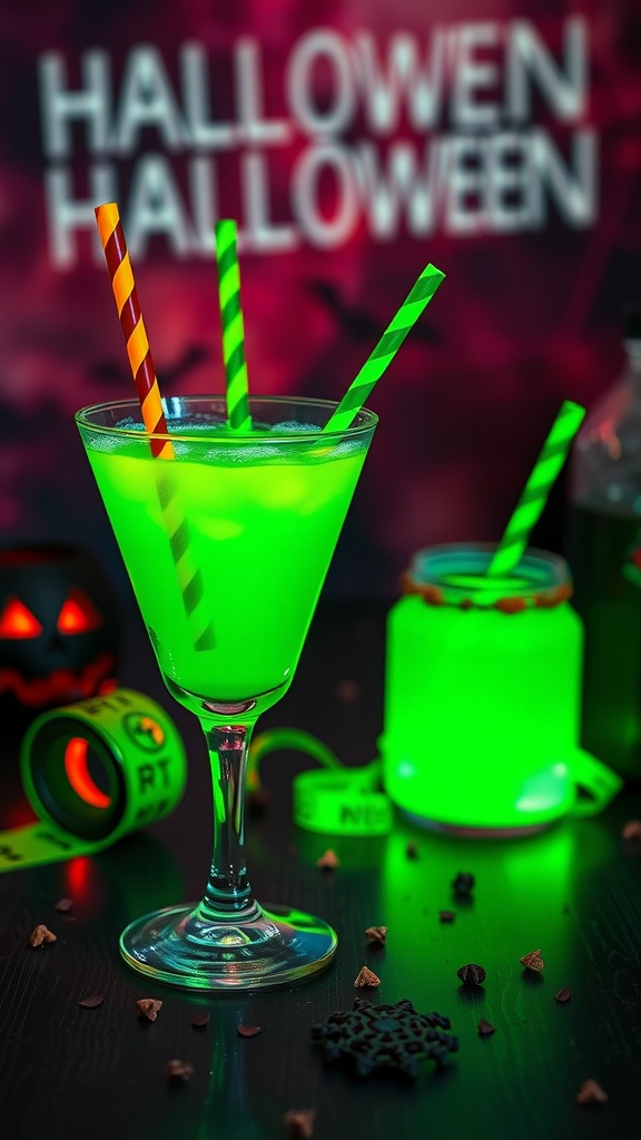 A bright green Halloween mocktail with striped straws and spooky decorations.