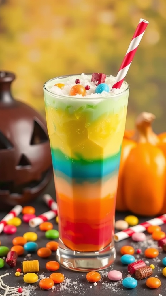 A colorful Halloween mocktail with layers of fruit flavors and candy toppings.