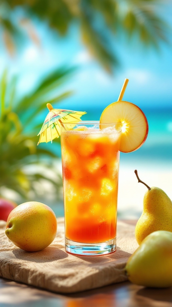 A glass of Tropical Apple Pear Delight Juice with fresh apples and pears around it.