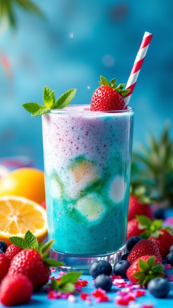 A colorful Tropical Berry Mocktail with a striped straw, garnished with a strawberry and mint leaves, surrounded by fresh berries and lemon slices.
