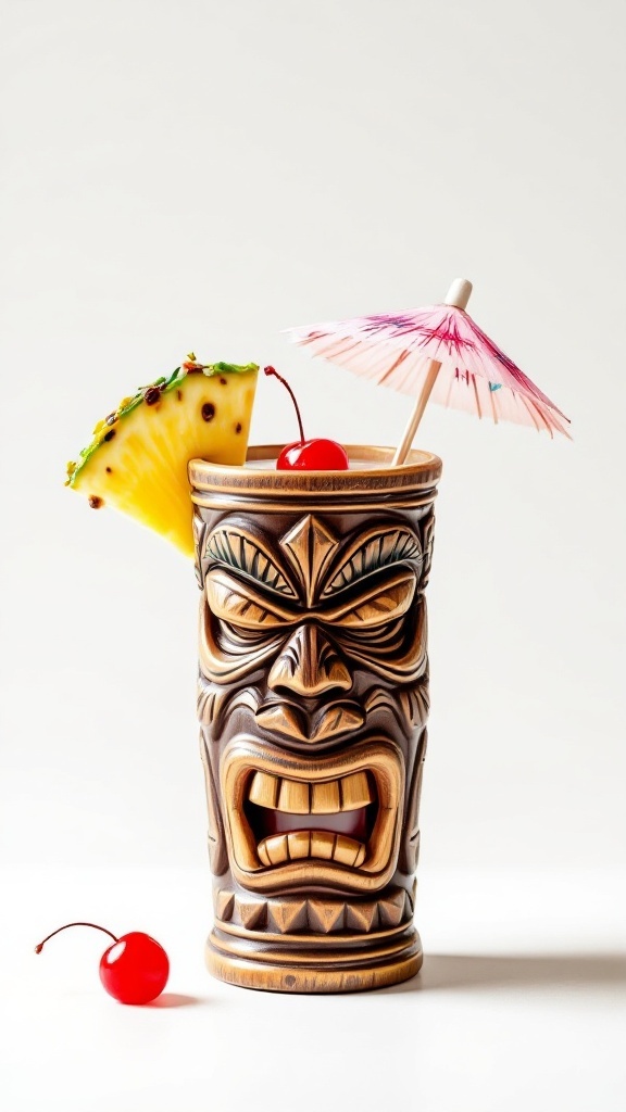 A vibrant Tropical Carnival Mocktail served in a tiki glass with pineapple and cherry garnish.