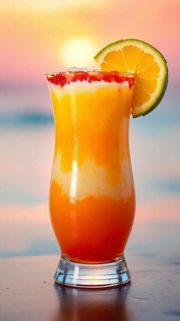 A colorful Tropical Horizon Mocktail in a glass with a slice of lemon and a sunset in the background.