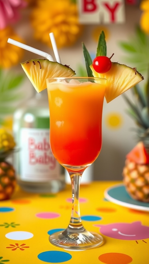 A colorful tropical mocktail garnished with pineapple and a cherry, set against a vibrant backdrop.